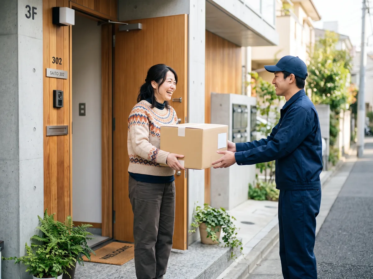 玄関で荷物を受け取って喜ぶお客様