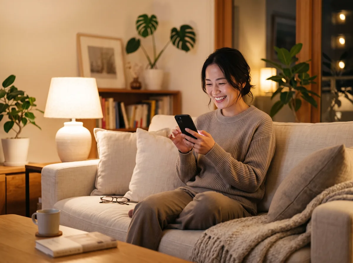 スマホで売上を見て笑顔の女性