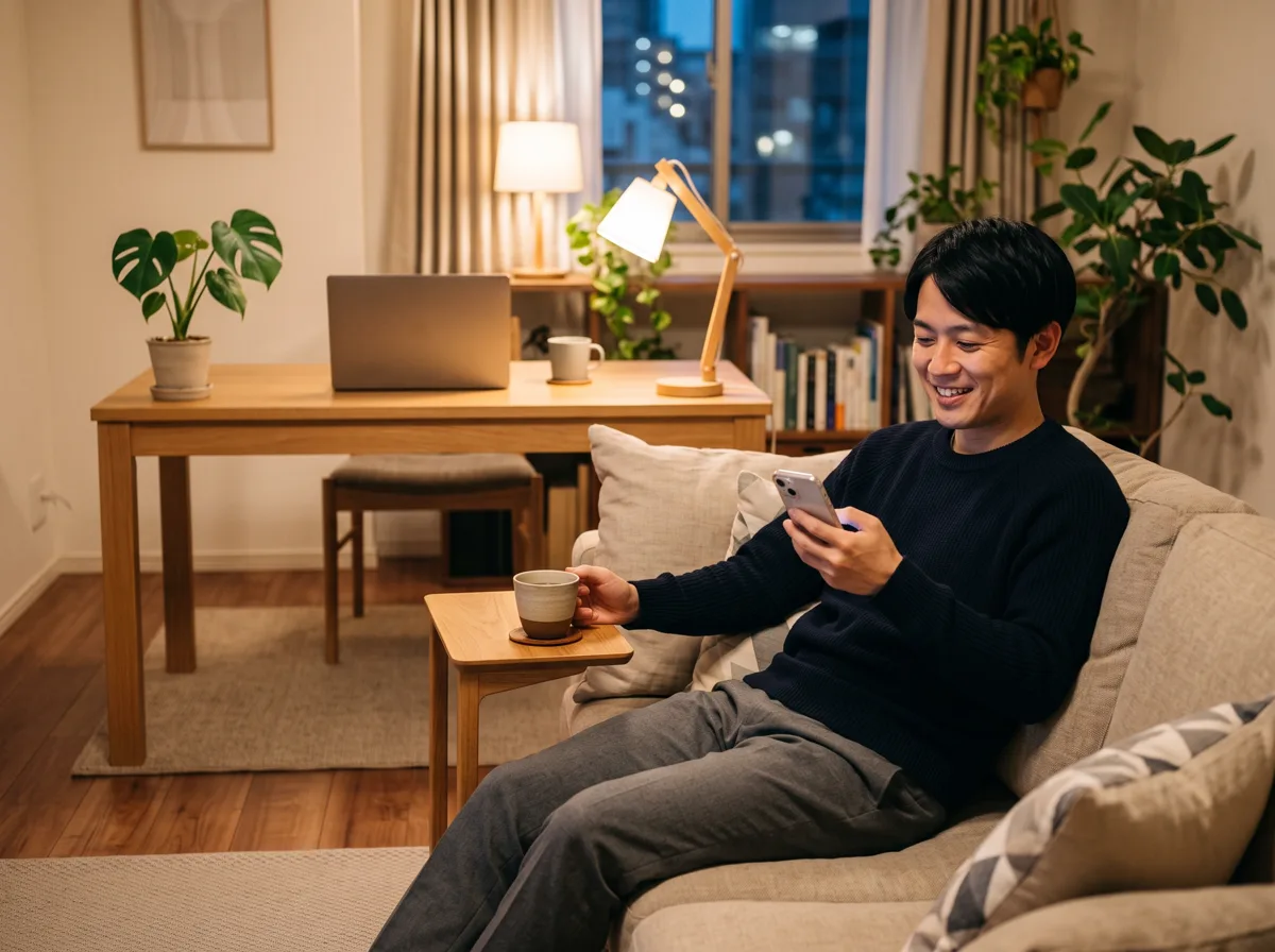 夜、ソファでくつろぎながらスマホを見る男性