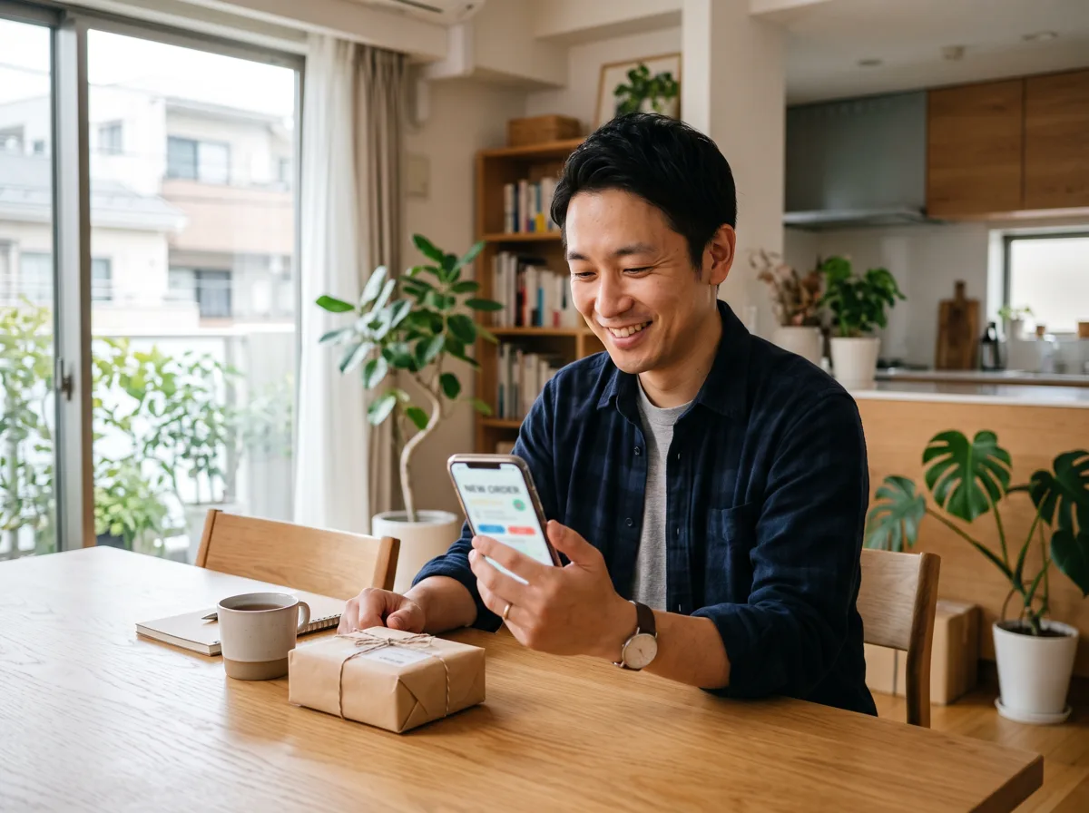 スマホで注文が入ったのを確認する男性