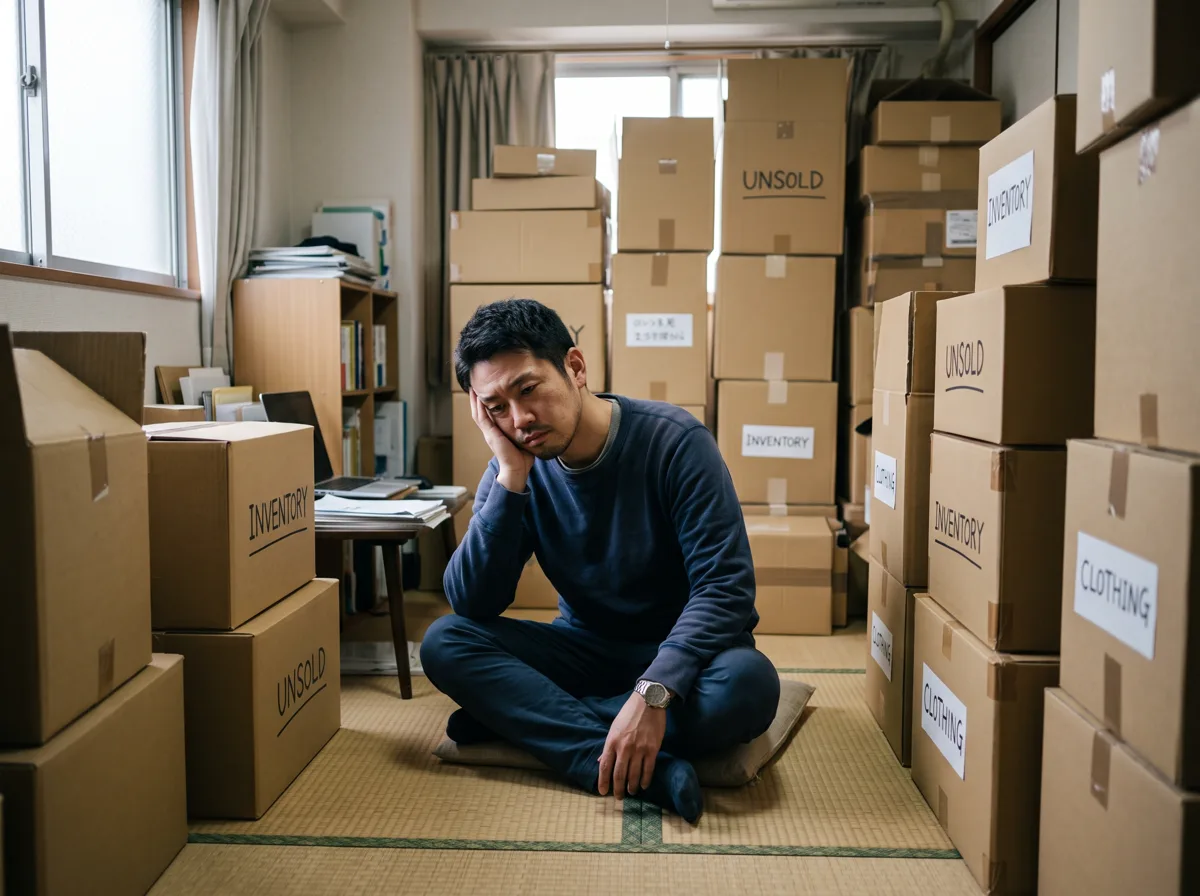 売れ残った段ボールの在庫に囲まれて困る男性