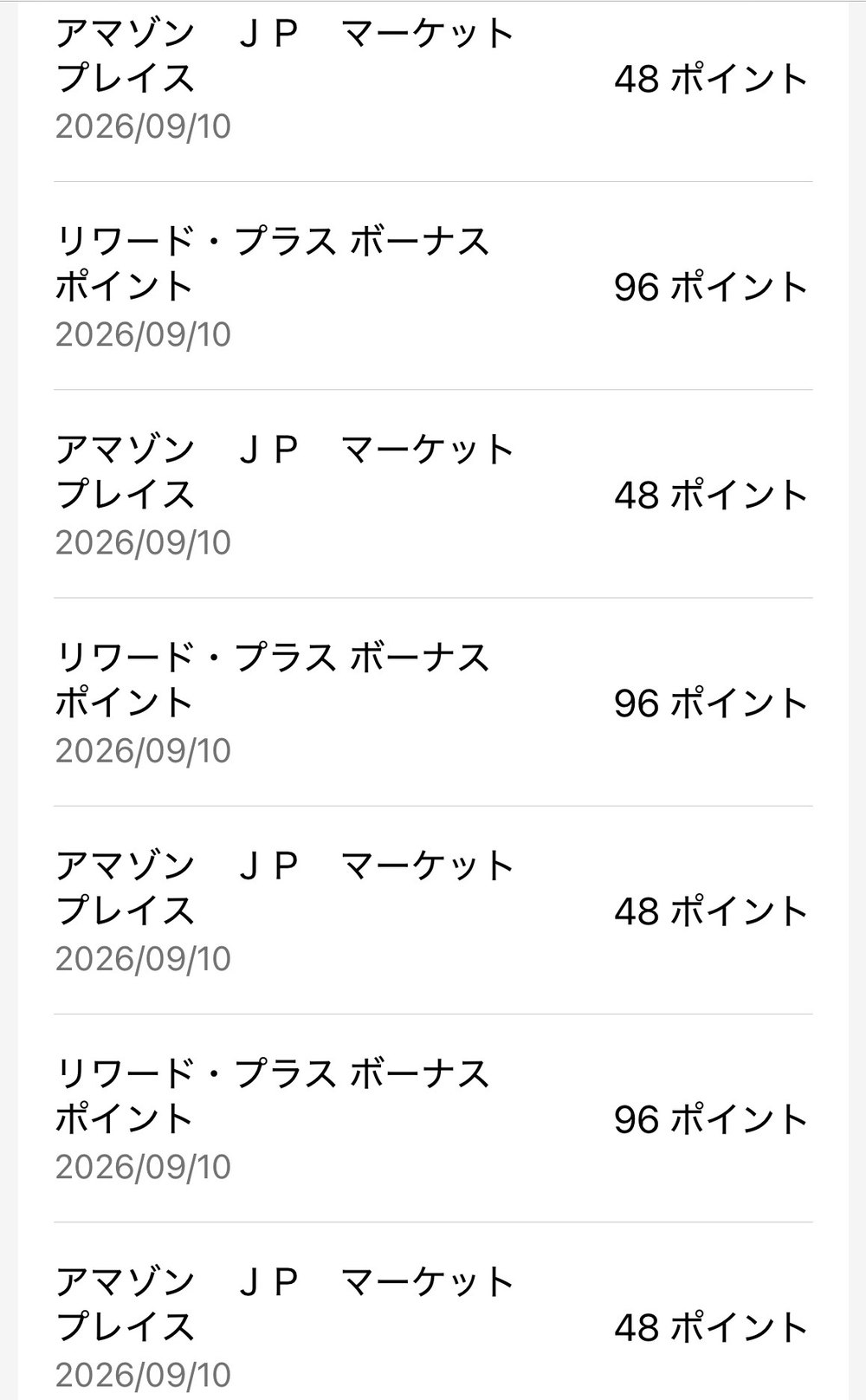 ポイント履歴の一覧