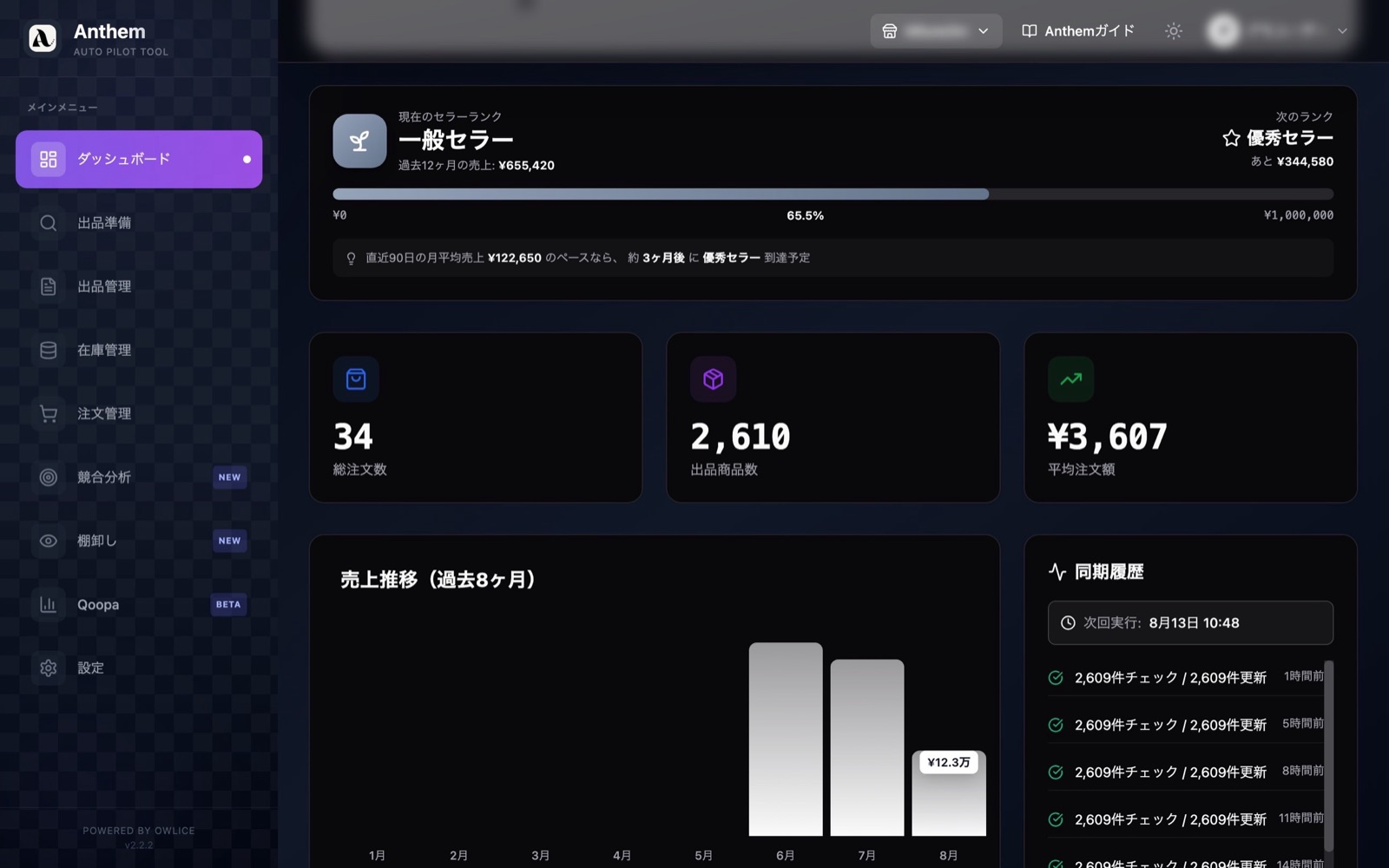 Anthem管理画面 同じ方の過去3ヶ月 売上推移
